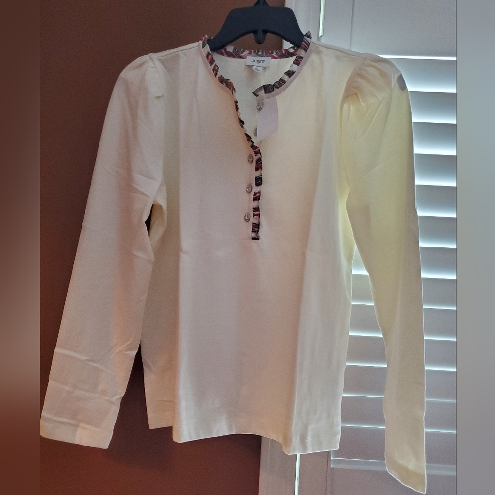Brand New With Tags J. Crew Cream Blouse with Black, Red, Green and White Trim